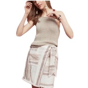 Anthropologie Holding Horses Womens Beige Striped Fringed Mini Wrap Skirt Size 8